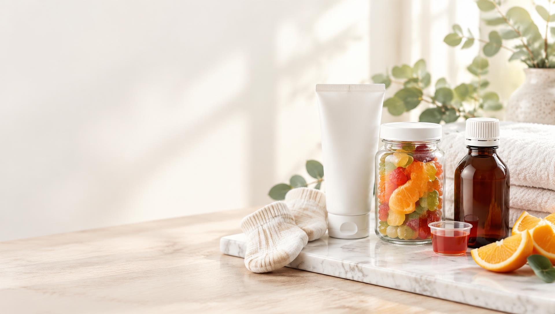 A plain baby cream tube, a jar of children's vitamin gummies and a cough syrup bottle on a sunlit marble table
