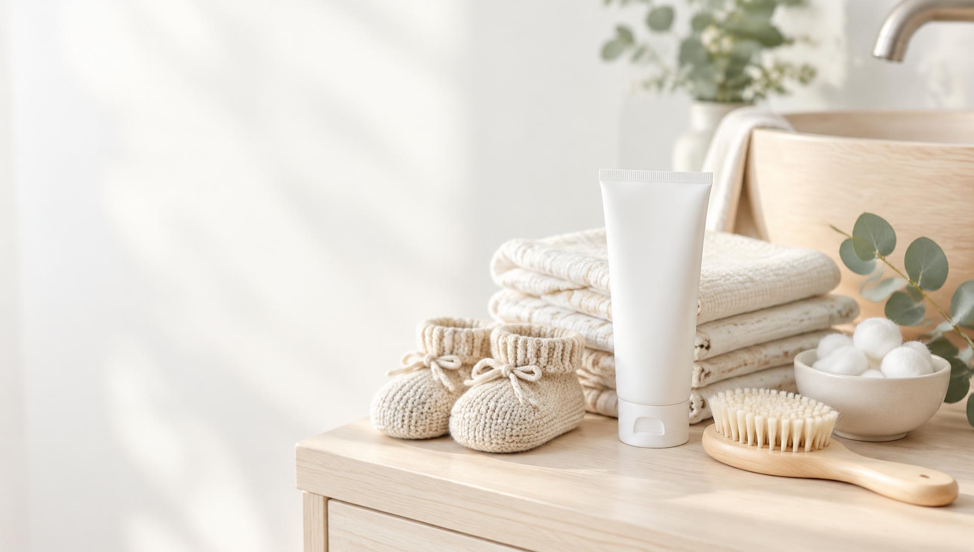 A baby cream tube with folded muslin cloths and knitted booties on a light nursery counter