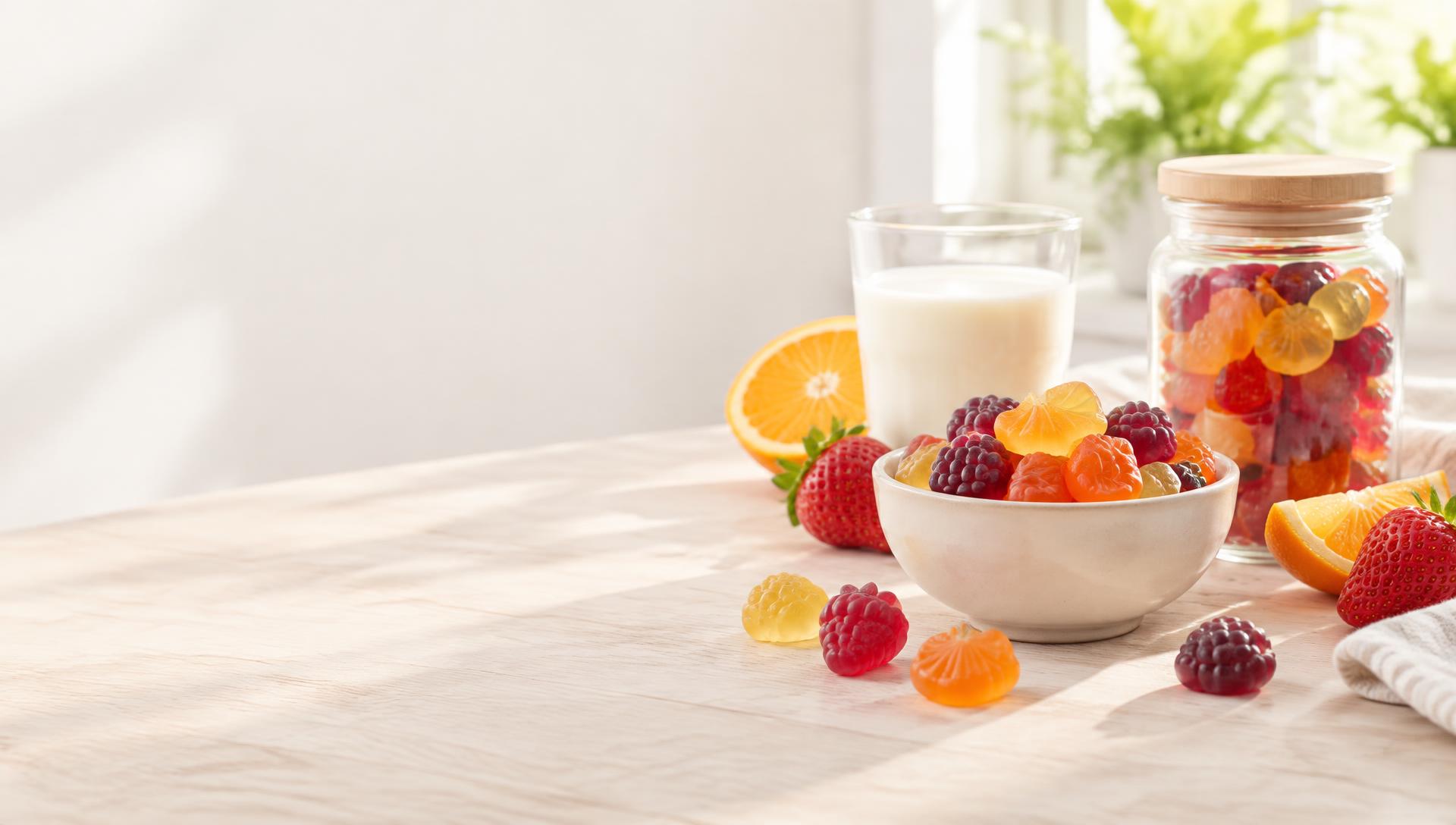 A bowl and a jar of fruit-shaped children's vitamin gummies with fresh fruit and a glass of milk
