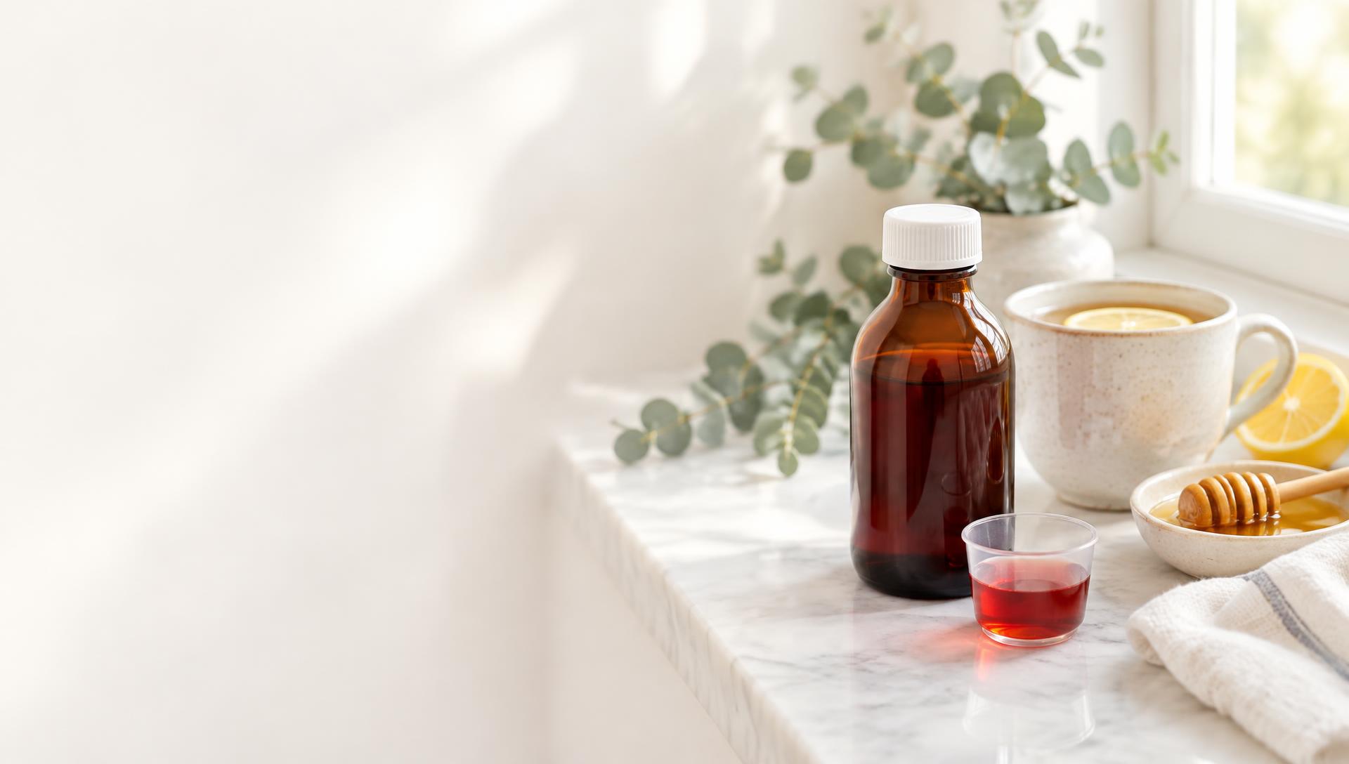 An amber cough syrup bottle with a dosing cup of red syrup on a bright windowsill